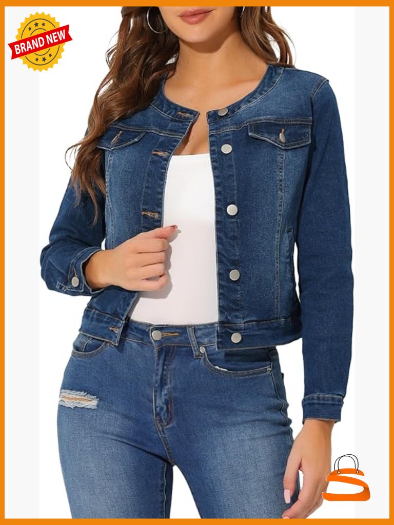 Vintage Collarless Denim Jacket Short Length Button Down Long Sleeve
